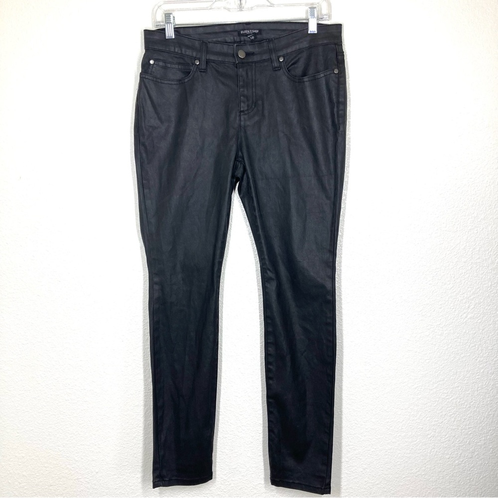 Eileen Fisher Waxed Black Jeans 10P Organic Cotton Coated Stretch Rock - Picture 4 of 16